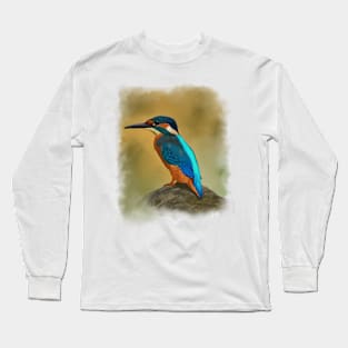 Kingfisher Soft Pastel Drawing on Yellow Ochre Long Sleeve T-Shirt